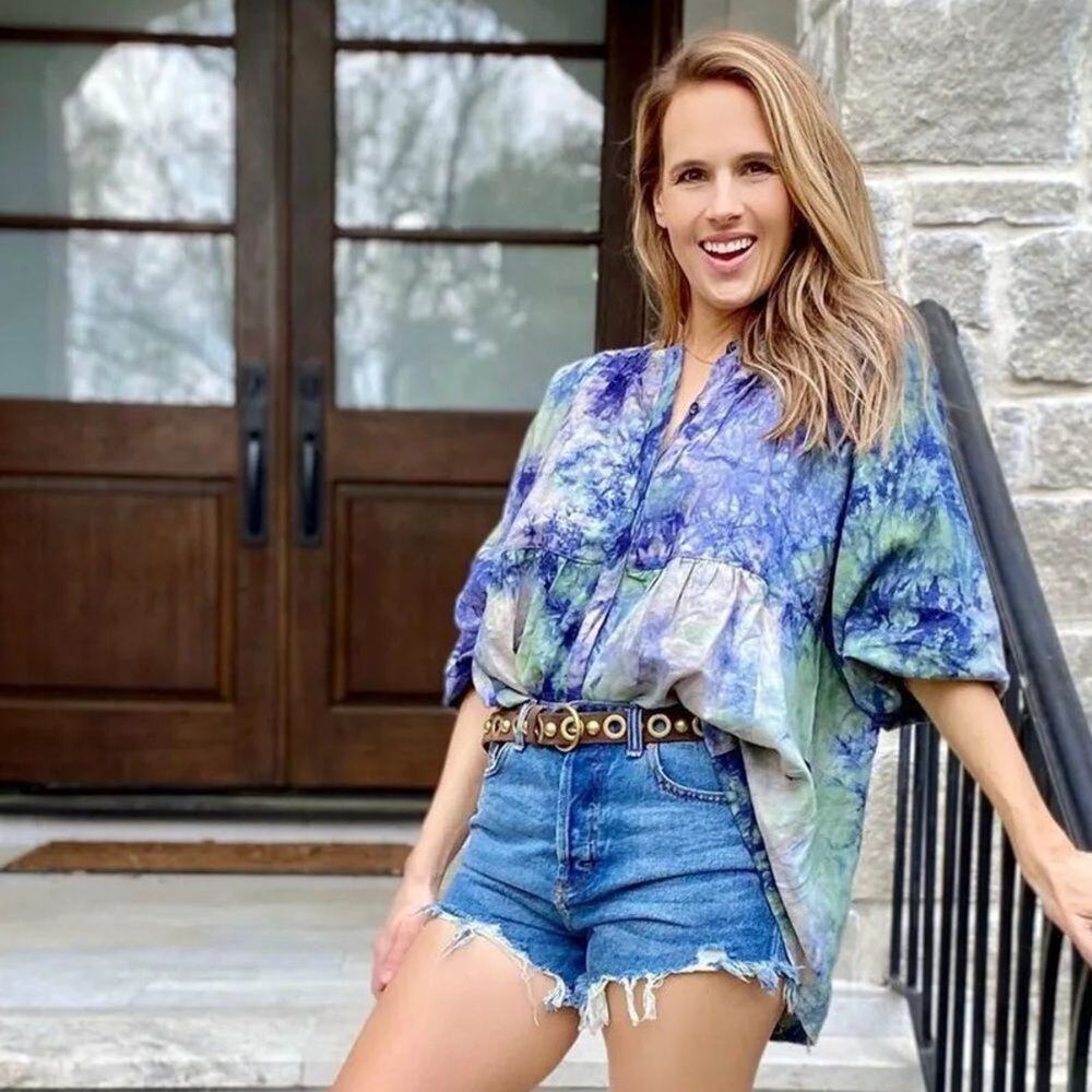 CAbi Woodstock Top Style Number 5714 tie dye peplum hippie bohemian linen blouse